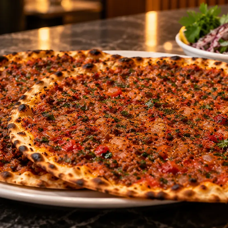 Mermer masada lahmacun, sumaklı soğan, limon ve ayran